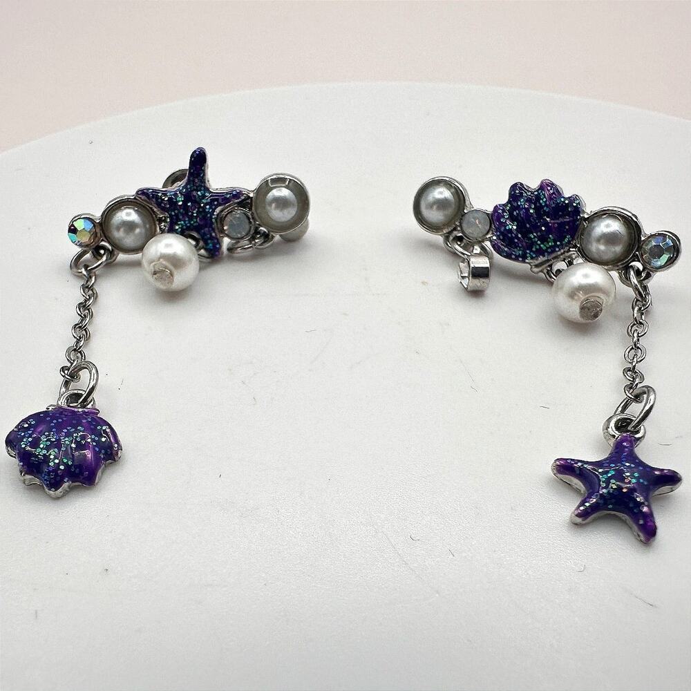 Vintage 90s Sea Shell Starfish Dangle Earrings Glitter Faux Pearl AB Rhinestone